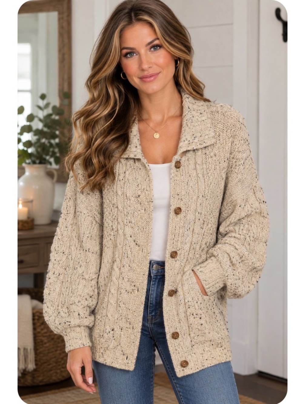 Cozy Cream Button-Up Cable Knit Sweater 100% wool